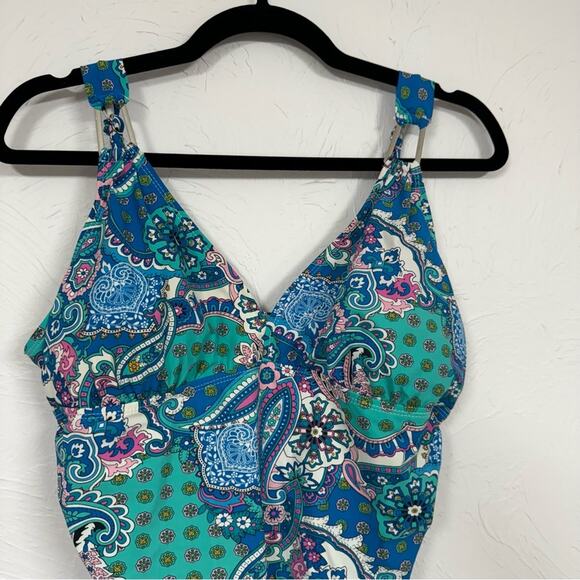 Spanx Assets Blue & Green Floral Paisley One Piece Swimsuit Womens XL Modest - Picture 2 of 13